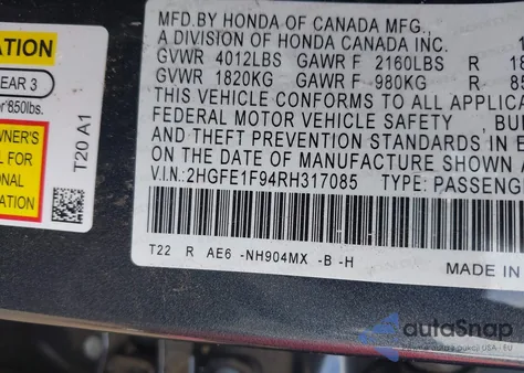 2024 Honda Civic Touring from USA, damaged, VIN 2HGFE1F94RH317085
